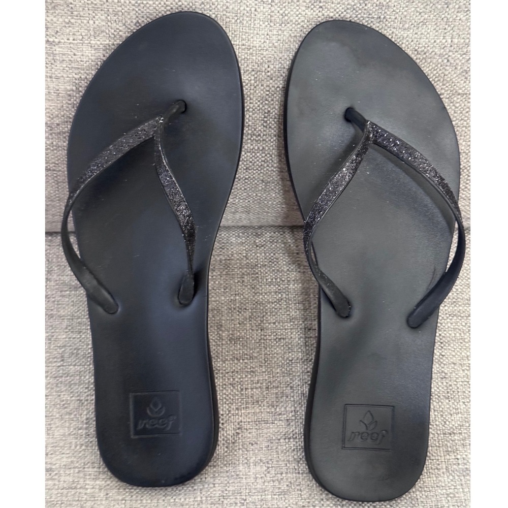 Reef Womens Black Glitter Stargazer Flip Flop Sandals Sz 8-9 Beach Bling Neutral